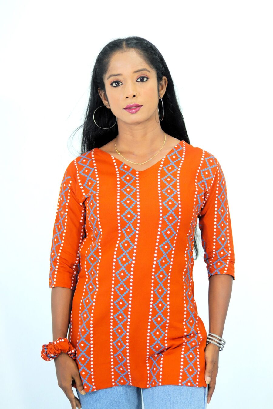 Stylish Cotton Printed Short Kurti for Women with Free Scrunchie – Available in Yellow, Navy Blue & Brown