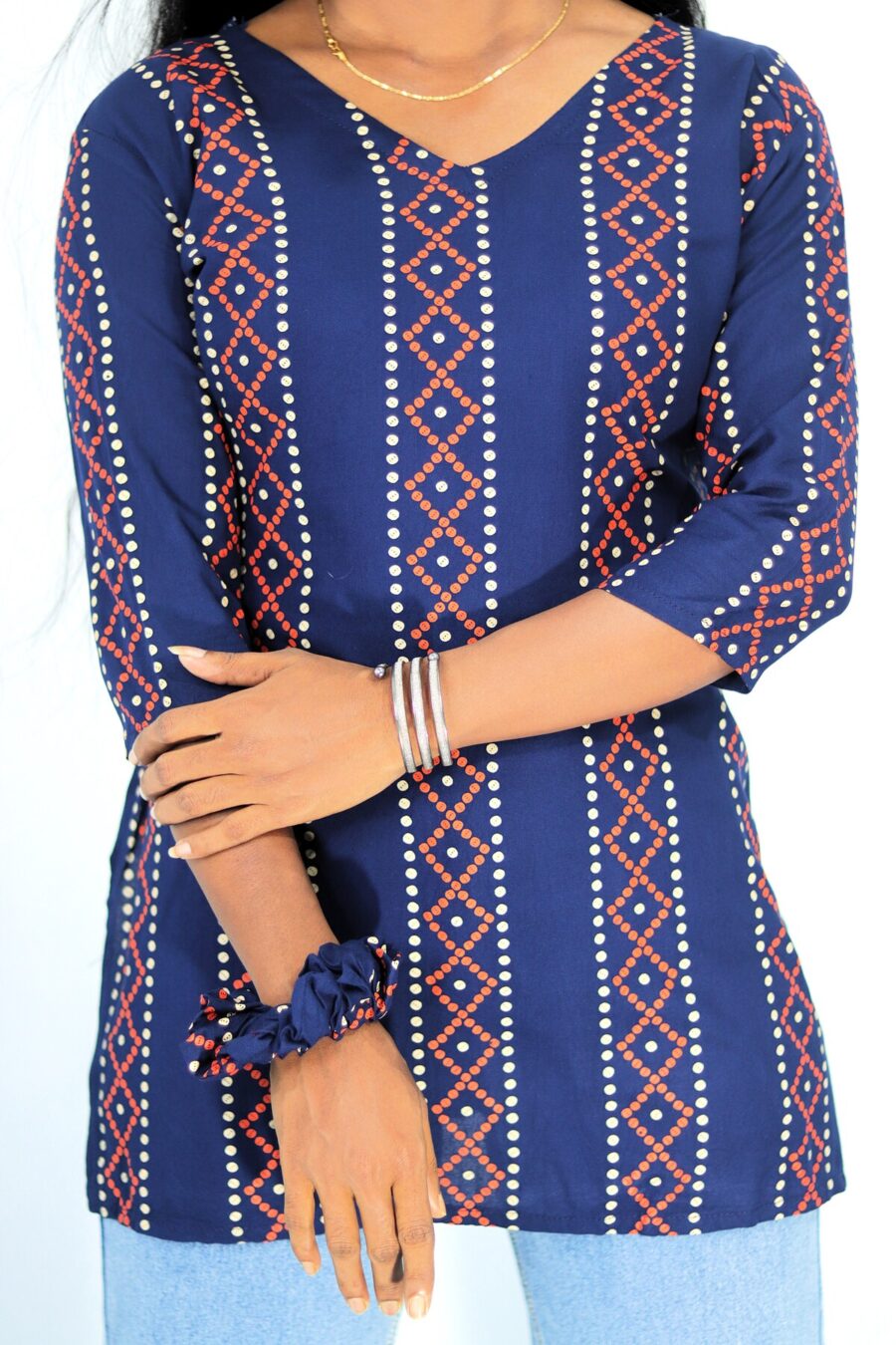 Navy Blue Short Kurti – Cotton Printed for Women