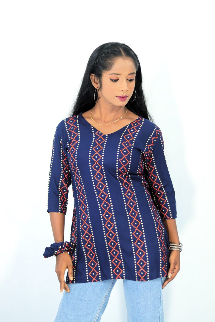 Navy blue cotton short kurti for women front view