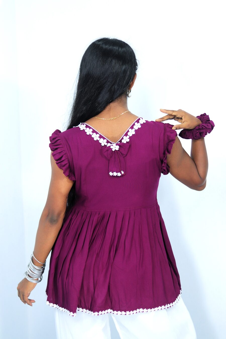 Rayon Short Kurti with Ruffle Sleeves & Bow Tie