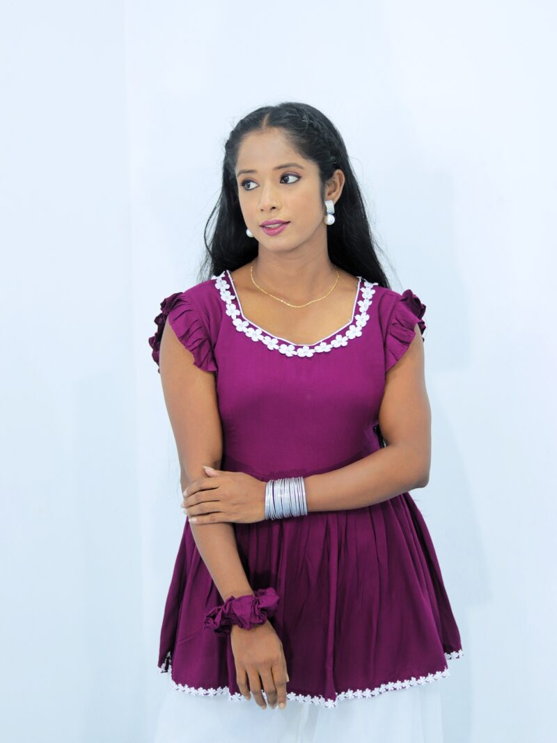 Rayon Short Kurti with Ruffle Sleeves & Bow Tie