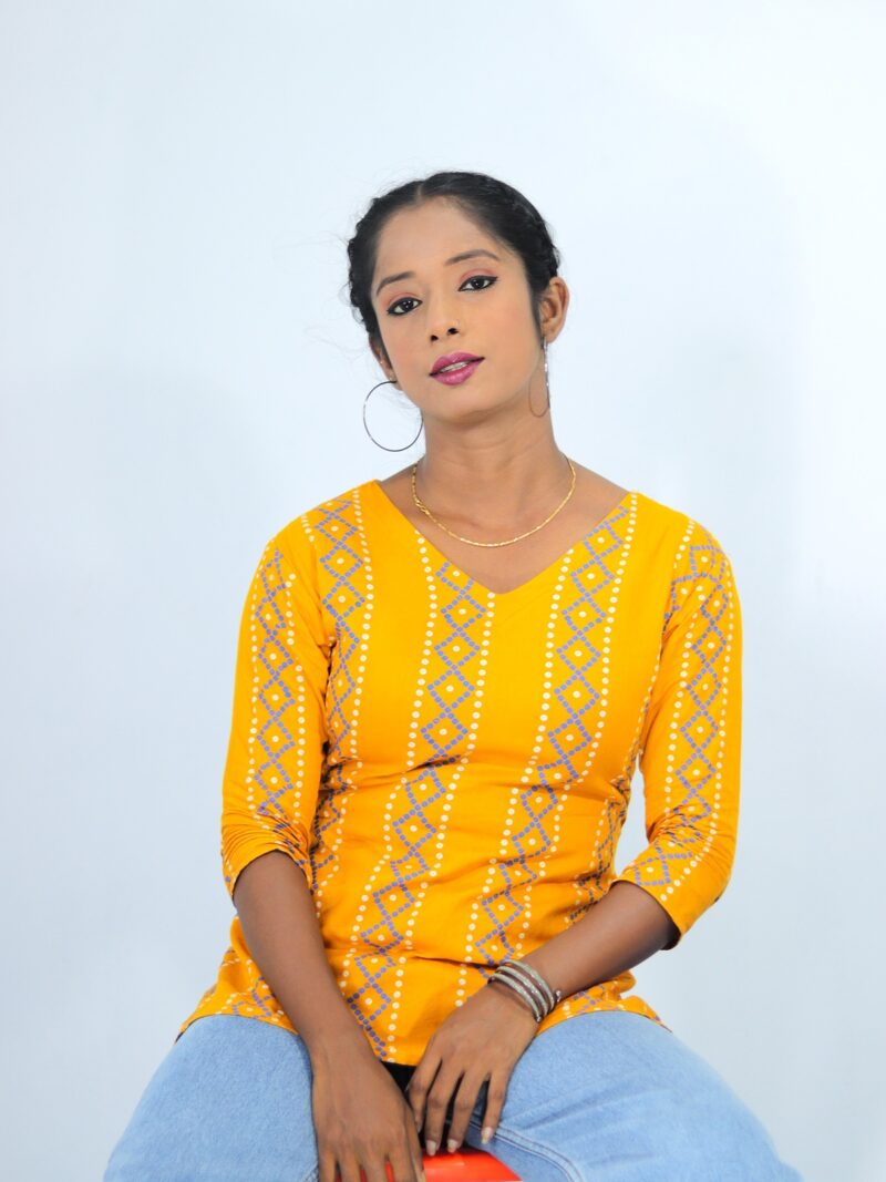 Yellow Cotton Short Kurti for Women Front View