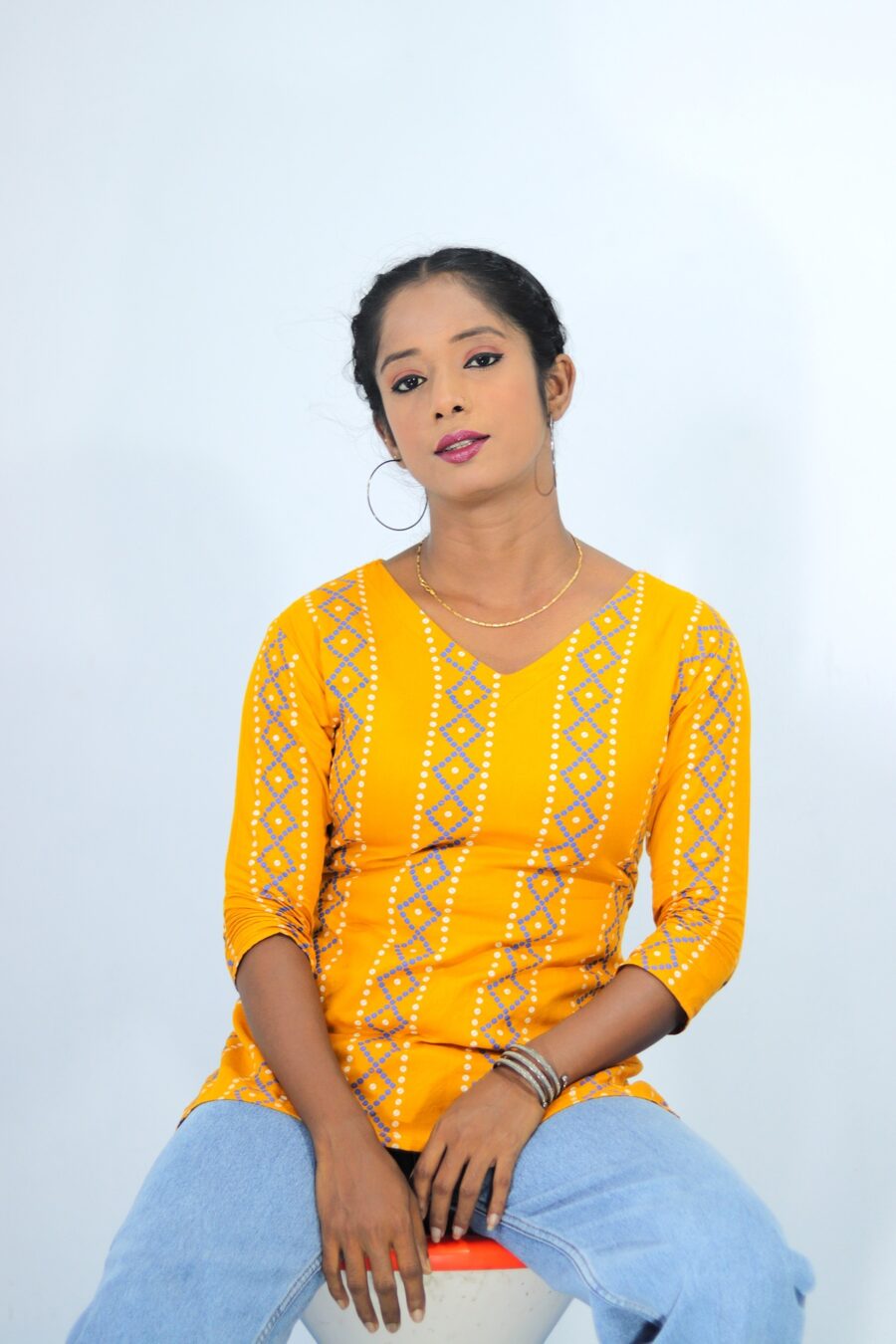 Yellow Cotton Short Kurti for Women Front View