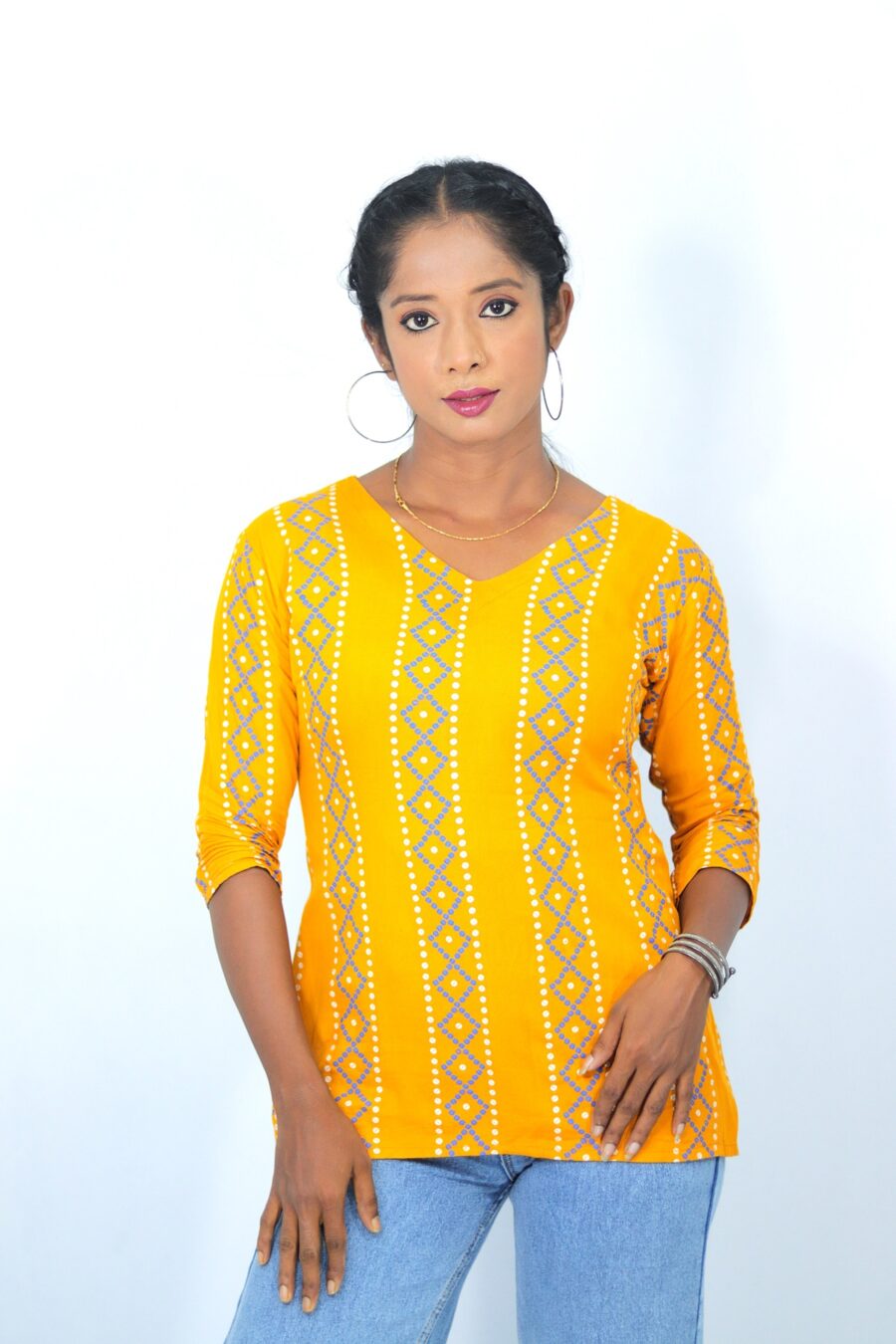 Yellow Cotton Short Kurti – Printed for Women