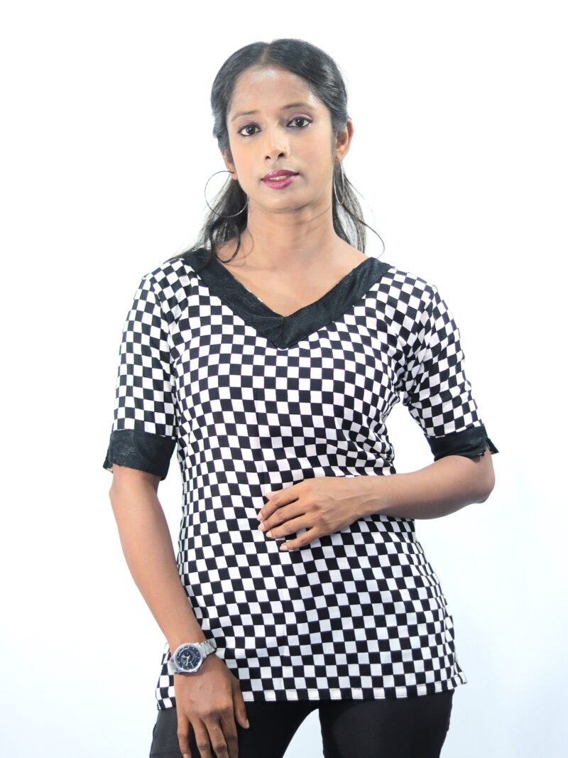 Women’s Black & White Checkered V-Neck Kurti front view