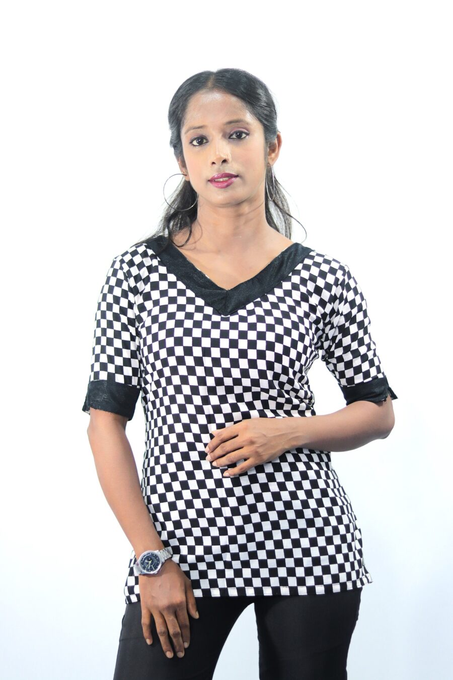 Women’s Black & White Checkered V-Neck Kurti front view